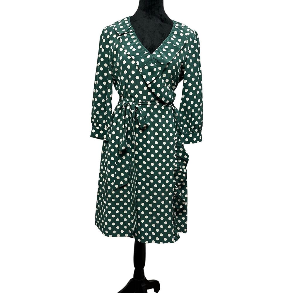 Kate Spade Polka Dot Wrap Dress 6 Green Cream Ruffle Silk Retro Classic - Picture 2 of 9